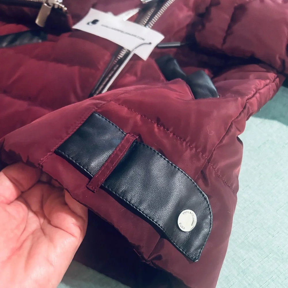 Karl Lagerfeld Paris Faux Fur Collar Puffer Jacket in Oxblood - Picture 7 of 15